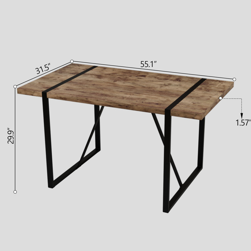 Table de cuisine/salon pour 4 à 6 personnes, plateau rectangulaire de 140 cm en bois foncé de 3,8 cm d'épaisseur, pieds en métal noir, style moderne, rustique et industriel.