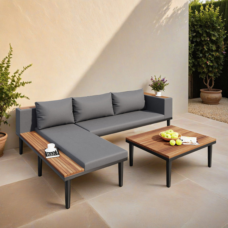 Canapé modulaire en L en bois d'acacia de patio avec table d'appoint et canapé modulaire pour l'extérieur, Gris