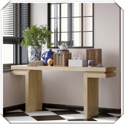 Console très large en placage de bois véritable de 66 pouces, design minimaliste pour le vestibule et le salon, finition chêne vieilli