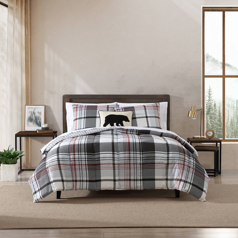 Ensemble d'édredon réversible à motif écossais Wildflower , Édredon pour très grand lit + 2 taies décorativ, Rouge