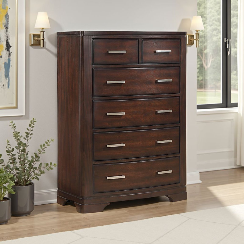 Commode haute Hudy, 6 tiroirs X poignées en métal, placage de bouleau, Brun cerisier