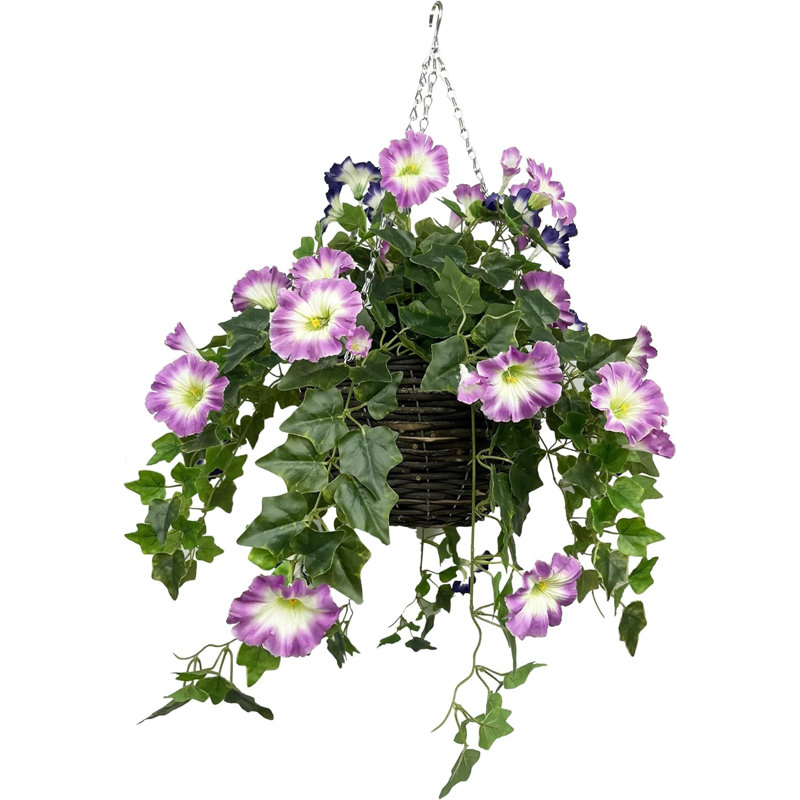 Artificial Petunia Round Rattan Hanging Basket, Pink/Purple, 120cm H x 30cm W x 30cm D