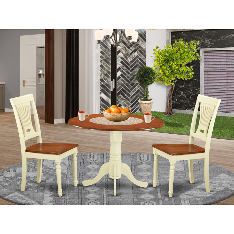 3 Piece Kitchen Table Set for Small Spaces Contains a Round Dining Table with Dropleaf and 2 Dining Room Chairs, Buttermilk & Cherry