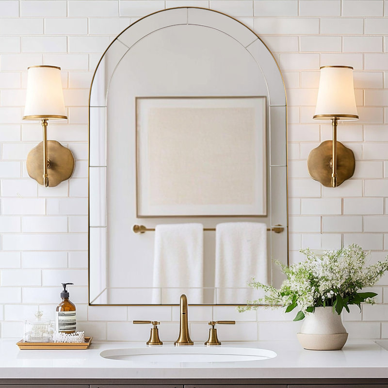 Minuette Glass Tile Edge Arched Mirror Bathroom Vanity Mirror | Stainless Steel Frame, Brushed Gold