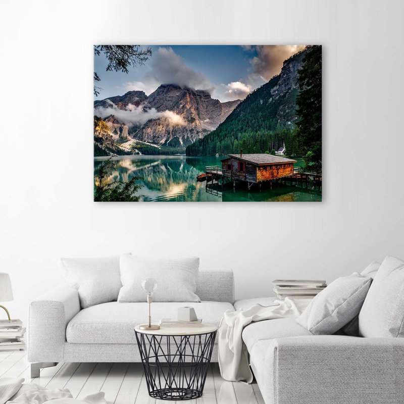 This Depicts A Cabin By A Lake In The Mountains - Wrapped Canvas Print, 70cm H x 100cm W