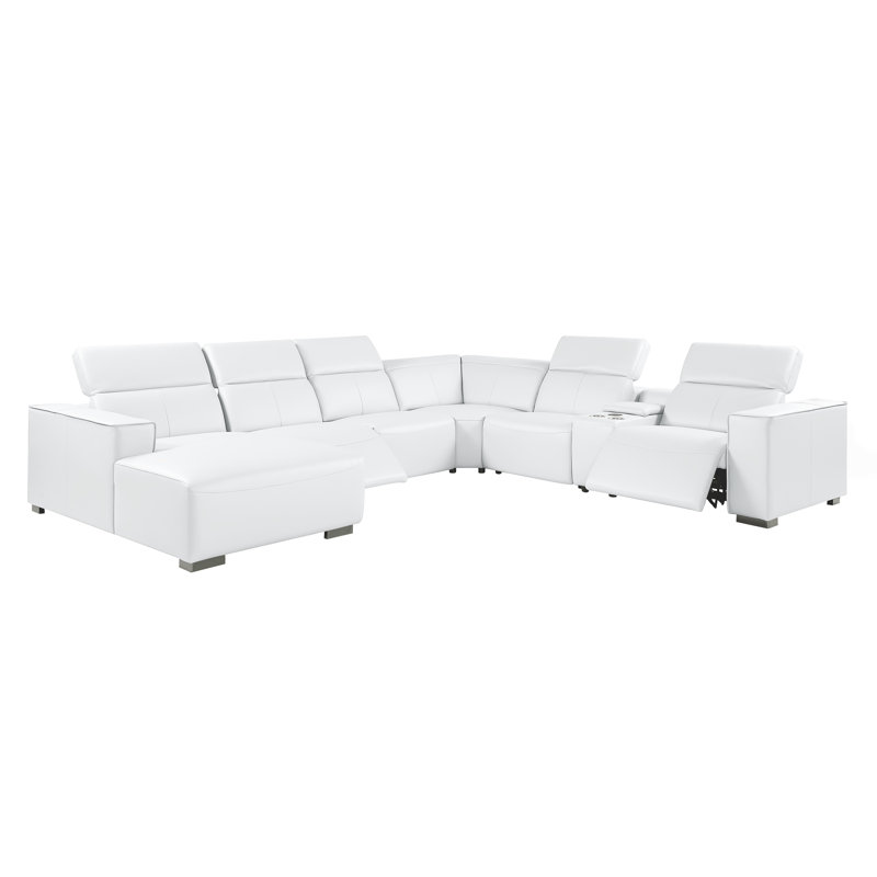 Canapé modulaire en L en cuir véritable 7 pièces WHITE avec 2 fauteuils inclinables électriques et appuis-tête réglables