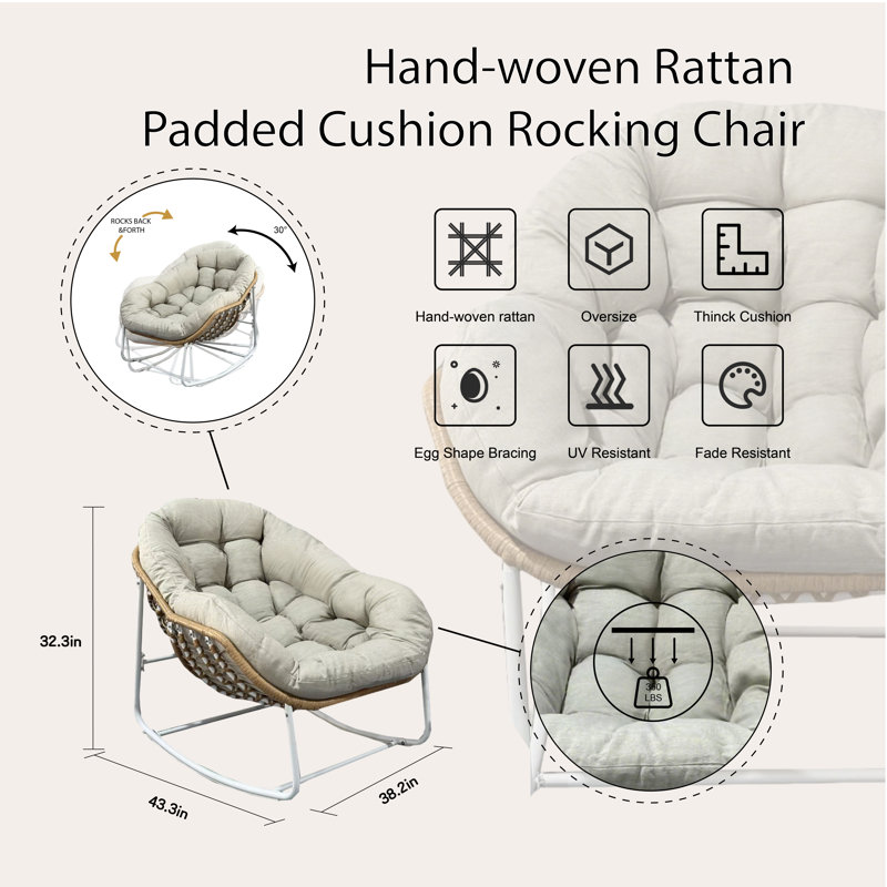 Chaise berçante moderne, structure en métal, dossier ergonomique avec coussin épais, capacité de 330 lb, porche intérieur et avant, jardin, cour arrière, confortable et durable 