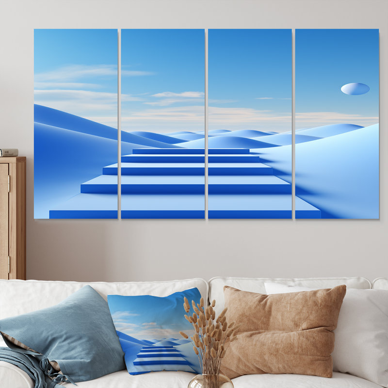 «Blue Zen Stairs Landscape - Abstract Landscape Wall Decor», ensemble de 4 pièces, H 28 po x l 48 po