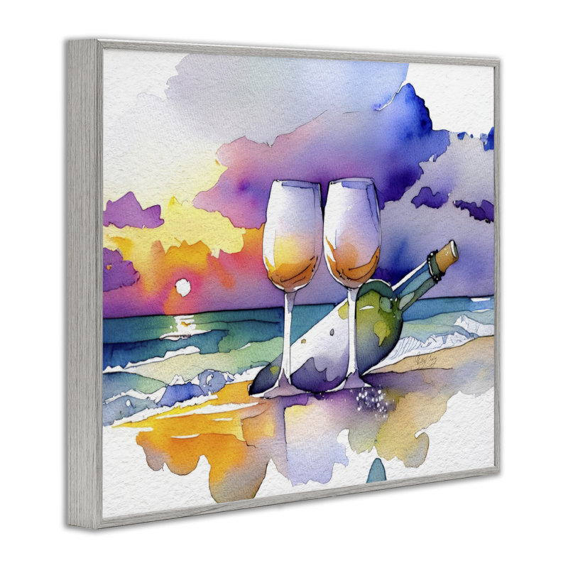 Coastal Cheers avec vin, estampe numérique, design par Shelly Craig, H 16 po x l 20 po, Giclée de ferme grise encadrée