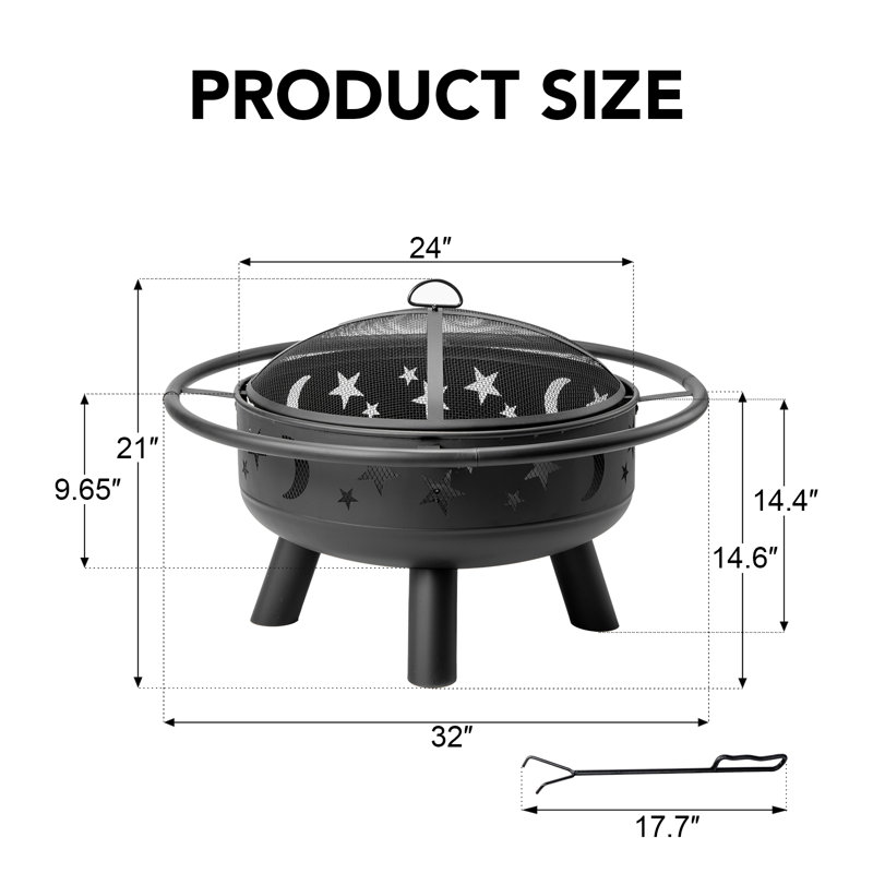 Steel Wood Burning Outdoor Fire Pit, 21" H x 32" W