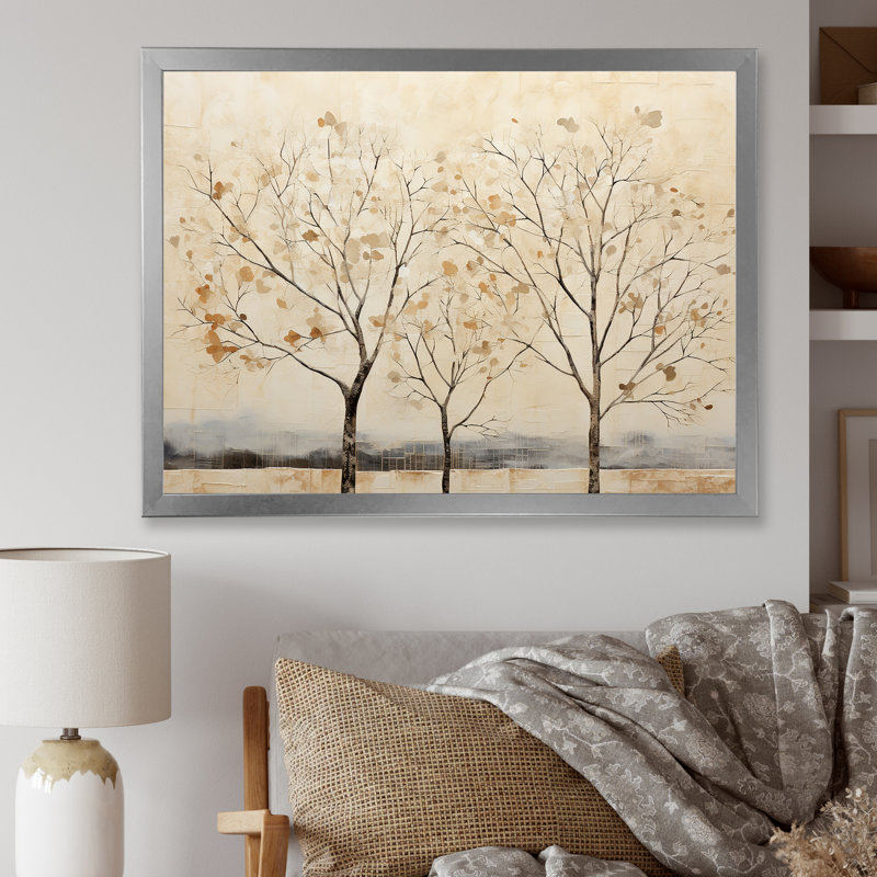 Harmonisation d'arbres beige V sur toile, Cadre simple argenté, H 12 po x l 20 po x P 1 po