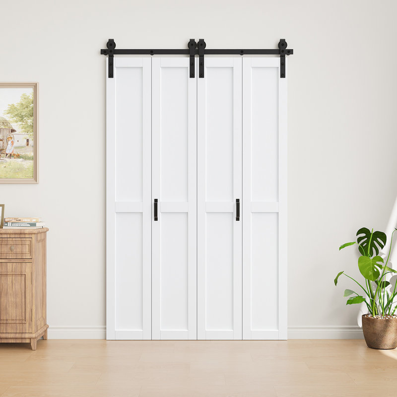  No Assembly Panels, Bi-fold Barn Door White Prime Solid Manufactured Wood Interior Closet Doors with Hardware Kit, 50" x 84"