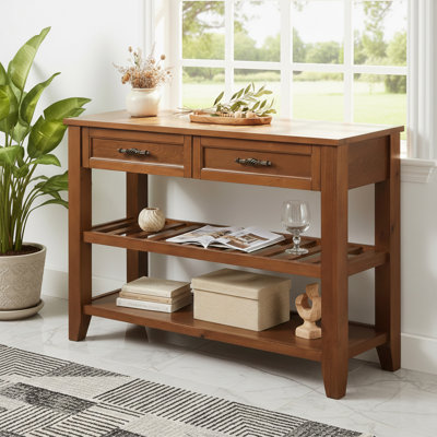 Mid-Century Solid Wood Console Table with Dual Drawers & Open Shelving, Entryway Storage Sofa Table