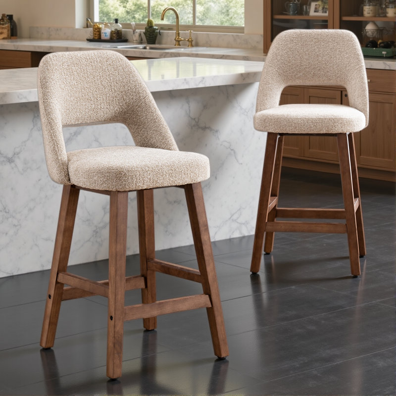Upholstered Padded Counter Stools Armless Barstools With Wooden Legs For Kitchen Island Bar Counter, Oat Boucle
