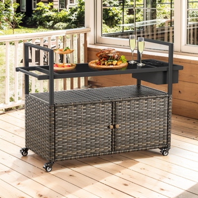 49" PE Wicker Bar Cart Portable Outdoor Table Made Of Durable Steel Frame And Tempered Glass Tabletop For Kitchen Prep And Grilling