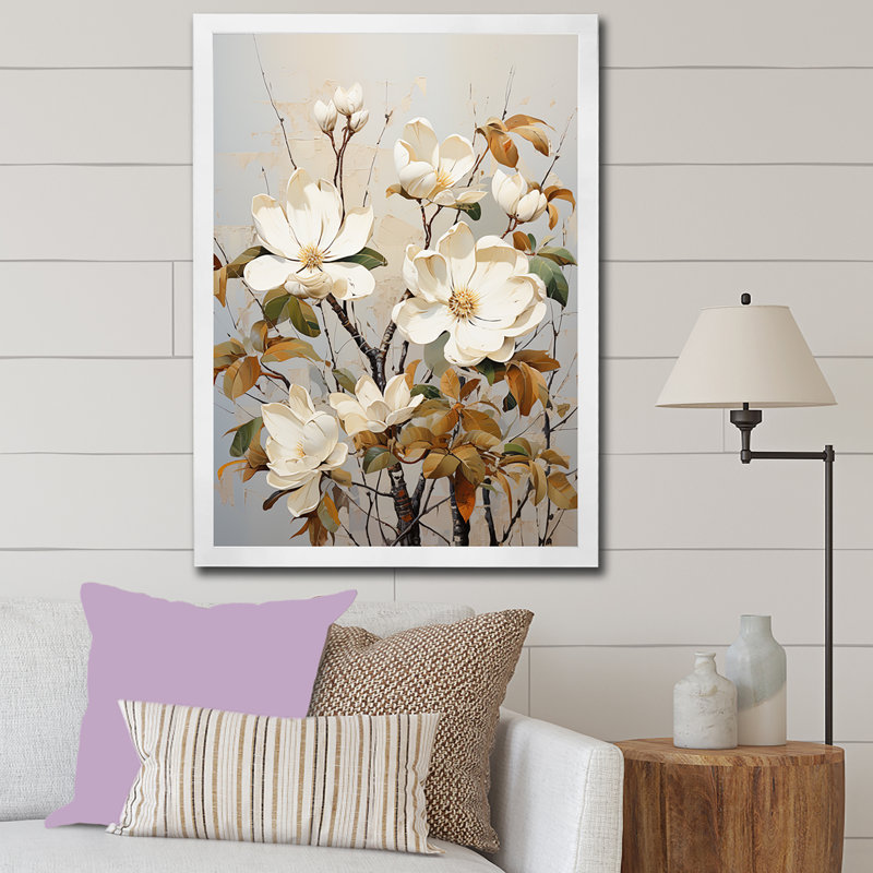 Mélodie douce de magnolia beige sur toile, Cadre simple blanc, H 40 po x l 30 po x P 1,5 po