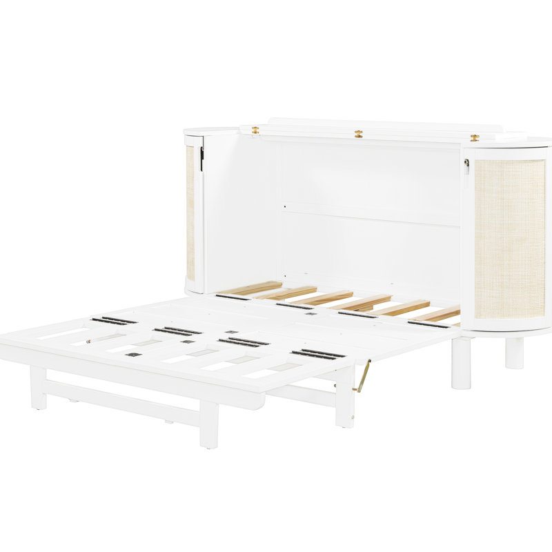 Lit double en blanc avec espace de rangement caché et attrait tissé moderne - idéal pour les salles polyvalentes et polyvalentes