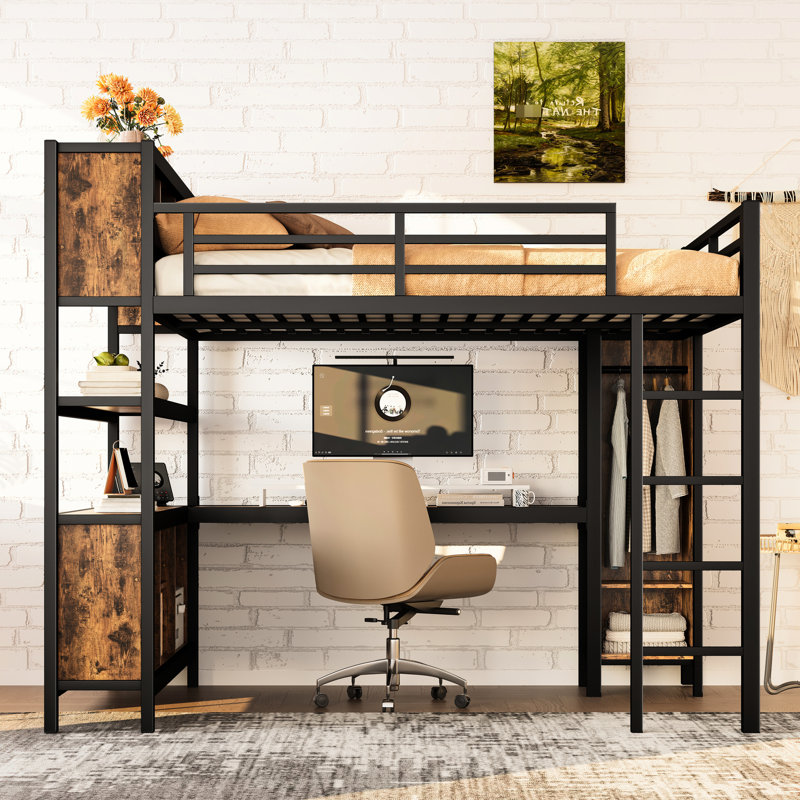 Style moderne, grand lit mezzanine en métal, bureau, rangement, garde-corps complet, lit robuste à assemblage facile avec garde-robe et convient aux pièces