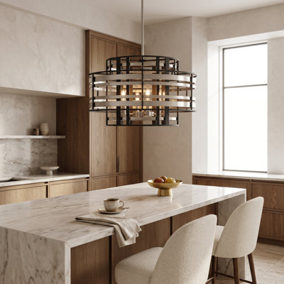 Aurelia 6-Light Modern Drum Pendant Chandelier, Two-Tone Brushed Nickel and Sand Coal Black Geometric Ceiling Light