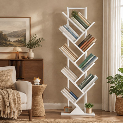 L'éclairage RVB offre 22 modes et 6 niveaux de luminosité sur cette bibliothèque blanche à 9 niveaux, construite avec 9 tablettes ouvertes, une disposition en branches d'arbre, du bois d'ingénierie, une structure en métal et une stabilité en forme de T