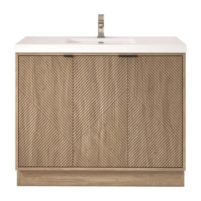 Meuble-lavabo autoportant 41,7 po Monterey + lavabo en acrylique noir renforcé (portes à droite), 42", Marron clair