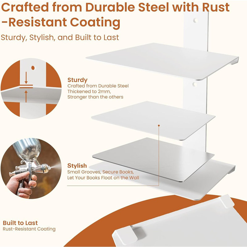 Bibliothèque flottante invisible pour mur, 4 tablettes robustes en métal
