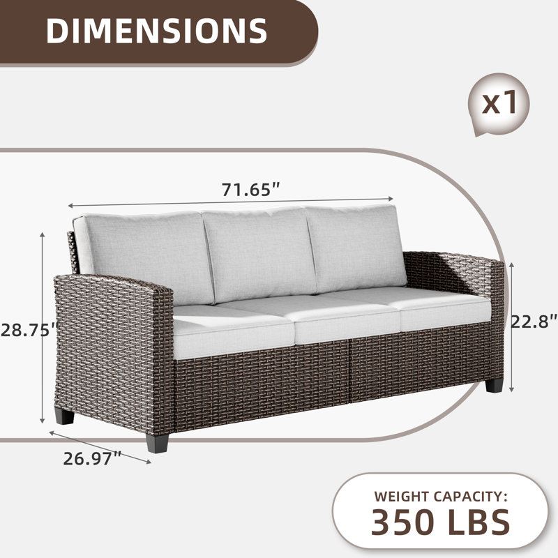 Outdoor Loveseat Chair For 3-Person, Wicker Sectional Patio Sofa With Comfy Cushions For Yard, Garden, Pool, Light Gray