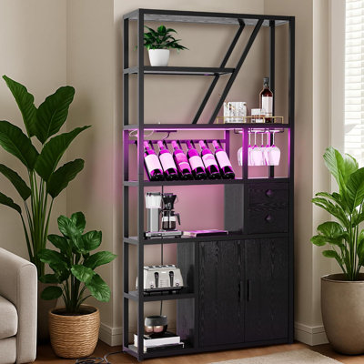 Bar Cabinet With LED Lights - Tall Coffee Bar Station With Power Outlets, Rack, Kitchen Microwave Stand, Bakers Rack Cabinet For Living Room Black
