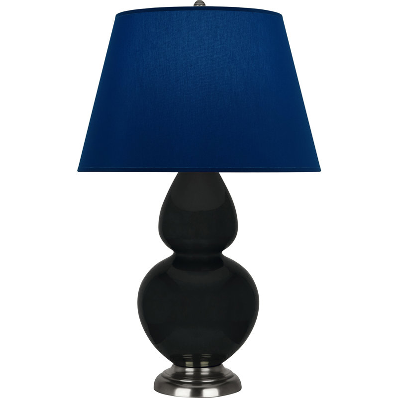 Lampe de table double gourde en céramique, Bleu marine/gris, Obsidienne vernie / argent antique, Argent argent