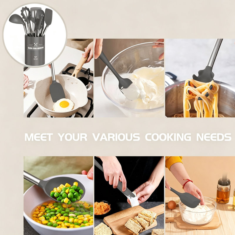 15‑Piece Silicone Kitchen Utensil Set, Heat‑Resistant Cooking Tools, Turner, Tongs, Spatula & Spoon, Safe for Non‑Stick Cookware, Grey