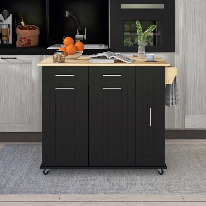46" Rubber Wood Drop-Leaf Countertop Kitchen Cart With Internal Storage Rack & Towel Rack, Black