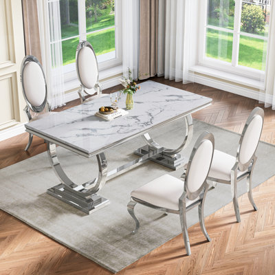 5 Pieces Rectangular Luxury Dining Table Set Of 4,70”Faux Marble Top With U-Shape Metal Base Dining Table For Dining Room -  Mercer41, B8EF46DCAEE54C739E51AE7DDE59DF52