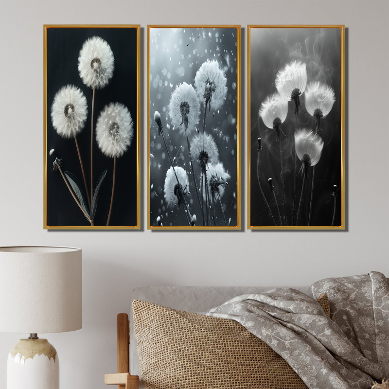 Élégante silhouette de pissenlit monochrome blanc et noir - Collection d'art mural traditionnel, H 40 po x l 60 po, Doré