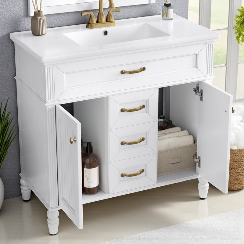 Ensemble de meuble-lavabo simple 36 po avec plateau en céramique, Blanc / Doré