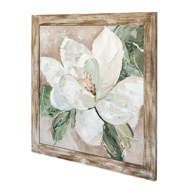 Art mural en toile de magnolia blanc peint à la main avec cadre en bois de sapin, 39,4 po x 39,4 po