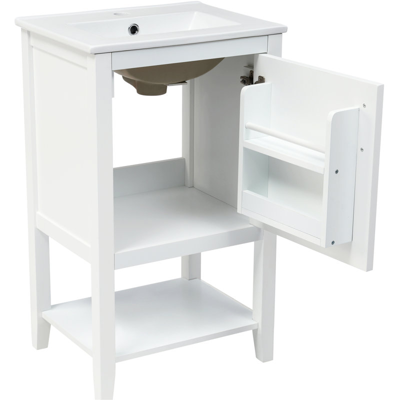 Meuble-lavabo blanc avec profondeur de 20 po, lavabo en céramique, armoire, étagère de rangement et tablette ouverte - finition peinte, porte à fermeture douce de style moderne, poignée de bar, grand bois massif