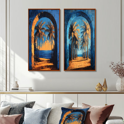 Blue Orange Plam Trees Azure Archway I - Palms & Palm Trees Wall Art 2 Pieces Set