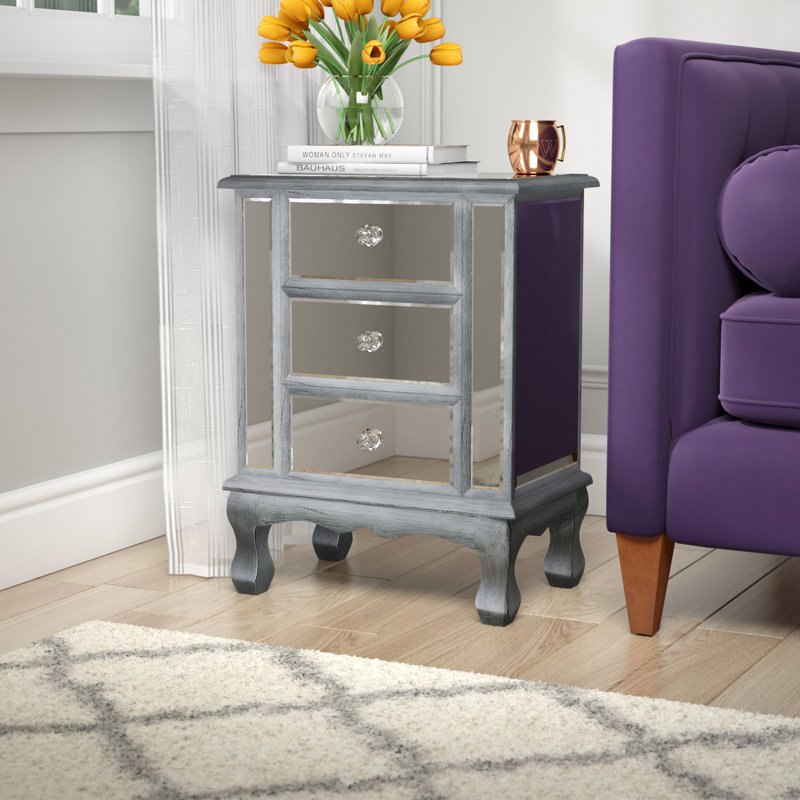 Denizhan 3 - Drawer End Table, Antique Silver Mirror
