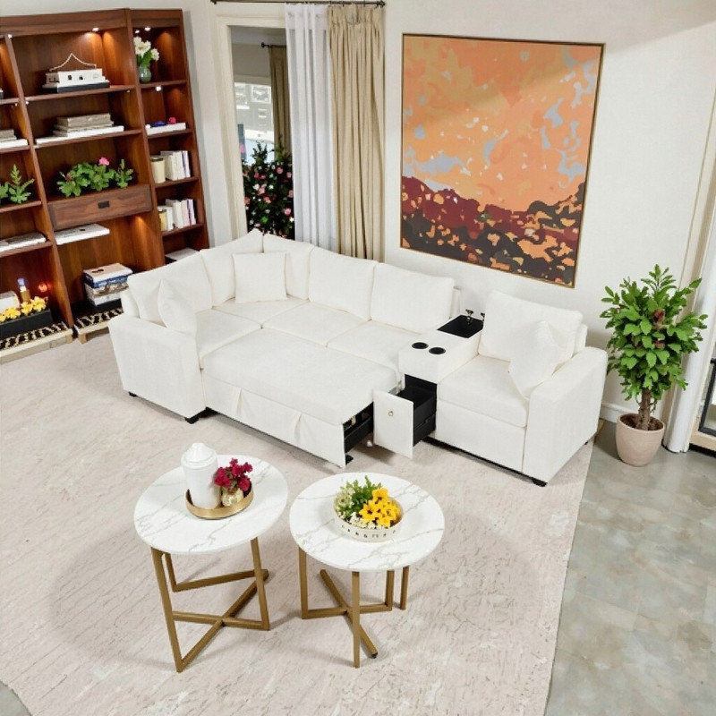 Canapé-lit modulaire en forme de L 120,5 po avec rangement pour canapé-lit et porte-gobelets en tissu d'ameublement en chenille