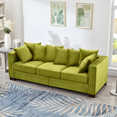 Velours pour le salon avec look moderne, 5 sièges, accoudoirs carrés, ressorts ensachés, housses amovibles et accoudoirs de canapé 2 + 3 places lavables, décoration clous argentés, rangement de coussins sous le siège
