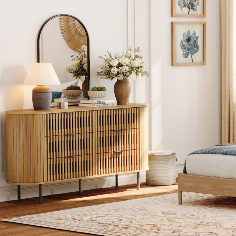 62" Dresser With Slatted Design, 6 Deep Drawers, Ideal For Bedroom, Living Room, And Entryway, Natural
