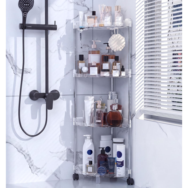Étagère de douche d'angle sur pied à 4 niveaux avec crochets, grande capacité, étagères de douche en acrylique transparent, imperméable et antirouille, plusieurs trous de drainage, convient à la salle de bain