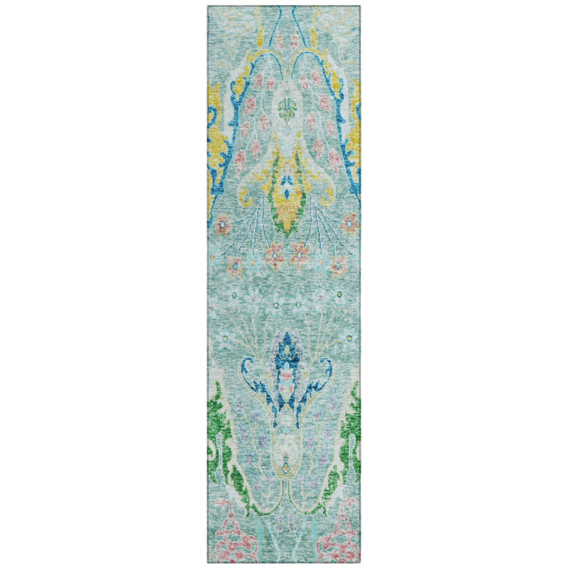 Machine Washable Indoor/Outdoor Xhevrie Teal Rug, Runner 2'3" x 7'6"
