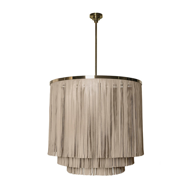 Fringe Leather Chandelier w/ Solid Accents, Brass, 30" H x 26" W x 26" D, 4