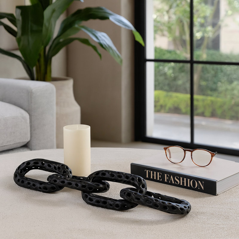 Contemporary Chain Link Decorative Object - Decorations For Living Room And Entryway Table - Stylish Figurines Or Statue Shelf Display - 25", Black