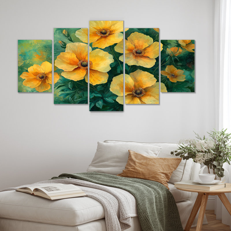 Été fleurs sauvages dans les tons verts et jaunes III - Art mural fleurs sauvages - ensemble d'art mural traditionnel 5 pièces