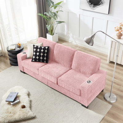 Modern Corduroy 3-Seater Sofa with Built-in Cup Holders, High-Density Foam, and Removable Cushions for Ultimate Comfort and Style