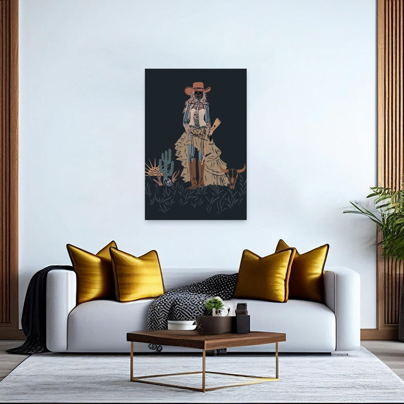 Wild West Skeleton Gothic Abstract Contemporary Bull Cactus Sunset Landscape Wall Art Print 1 Piece Wrapped Canvas Wall Art