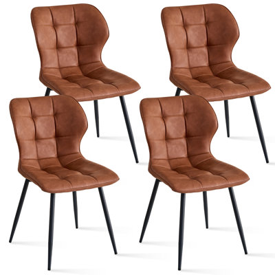 Upholstered Dining Chairs with Metal Legs, Set of 4, Faux Leather Kitchen Chair, Brown