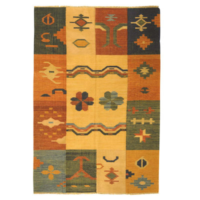 Tapis beige / vert / rouge en laine noué à la main 6 pi 2 po x 8 pi 11 po